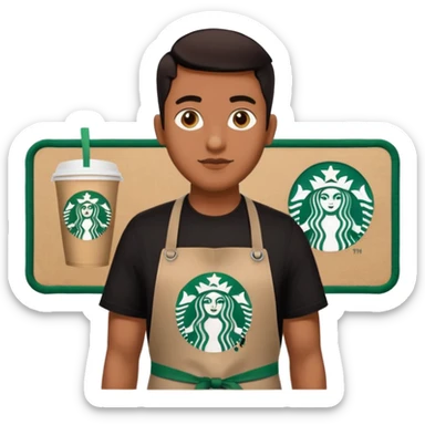 create a sticker of my male bangladeshi friend who is supervisor at starbucks plus coffemaster so black apron woth coffeemaster on it and starbucks logo he s also a comp sci student sticker