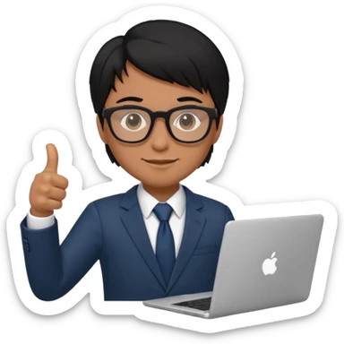 un estudiante con lentes y su laptop CON TERNO Y CABELLO NEGRO,   DANDO LIKE sticker