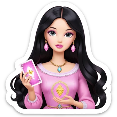 long black hair barbie with light pink tarot cards sticker