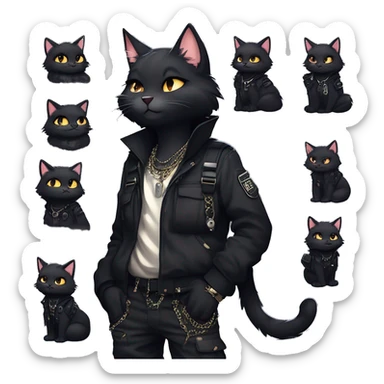 Gorgeous furry gothic dark techwear anime style anthro black cat furry sona Fakemon with blushing face aesthetic and pretty edgy black with collar and harness trending style chains cargo pants tomboy sticker