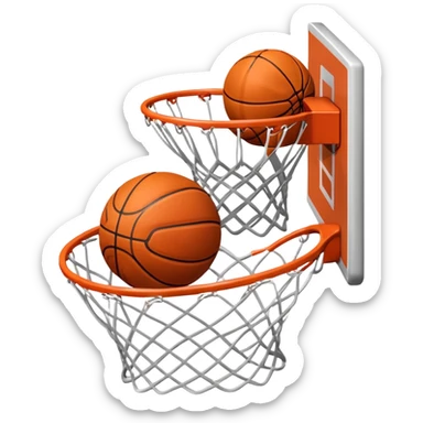 A close-up of a basketball swishing through the hoop, with the net slightly bouncing. The background features a blurred basketball court, capturing the excitement and precision of scoring in the game. sticker