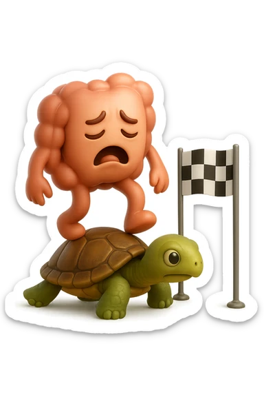  EMOJI STILE IPHONE 3D DI UN INTESTINO CON ESPRESSIONE ANGOSCIATA CHE CAMMINA SUL GUSCIO DI UNA TARTARUGA IN ATTESA ESTENUANTE DI RAGGIUNGERE UN TRAGUARDO POCO PIù AVANTI, SULLA LORO DESTRA. IL TRAGUARDO è UNA BANDIERA A DUE PIEDI CON FASCIA A SCACCHI BIANCHI E NERI. iperrealistico 4k sticker