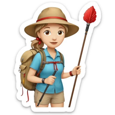 Middle aged women, long brown ponytail with wide brim hiking hat. With backpack and trekking poles. Backpack has a scallop shell with the cross of saint james hanging from it.  Remove the cross and add a scallop shell on a red string hanging from the backpack  sticker