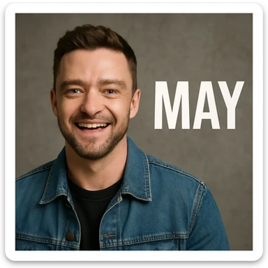 realistic style, Justin Timberlake lookalike smiling and saying 'MAY' sticker