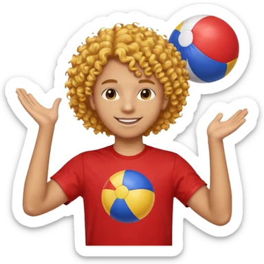 una persona de 18 años marron clarito con el pelo amrillo rizado con una camiseta roja y azul con un logo circular dorado y levantando un balon de playa sticker