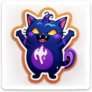 A chubby, dark blue cartoon cat with a magical and spooky yet adorable appearance, inspired by Halloween sticker aesthetics. The cat is laughing uncontrollably, rolling on the floor or clutching its belly, eyes squinted with joy. Its fur has subtle glowing magical symbols, and small floating sparkles surround it. The cat’s expression is playful and mischievous, with tiny fangs peeking out. The background is dark yet whimsical, featuring floating candles, cobwebs, and a soft purple glow. The art style is cute, rounded, and slightly eerie, resembling Halloween-themed stickers with bold outlines and vibrant color sticker