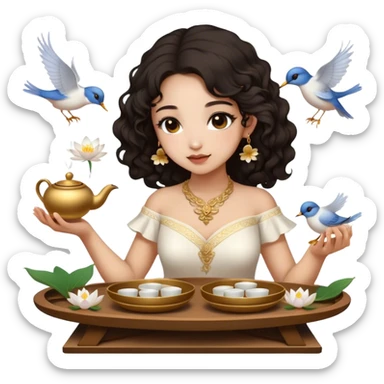 Light skin girl, half long curly dark hair, gold jewelry, white dress, feeding birds with wooden tea ceremony tray with lotus flower sticker