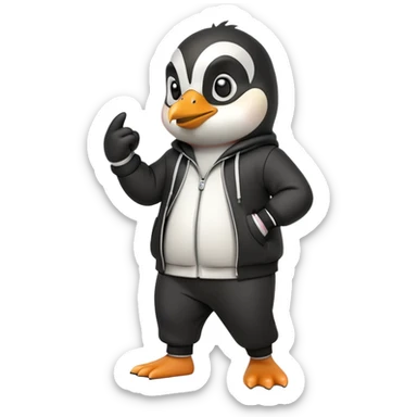 friendly anthropomorphised penguin wearing a mafia-style tracksuit, secretive scheming pose, soprano vibe, angry expression, walking quickly with a brisk purposeful stride, holding a knuckle duster sticker