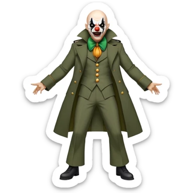 evil clown, bald, small black horns on forehead, fangs, pointed ears, eye patch over one eye, long coat over black and military green leisure suit with bellbottom pants, realistically proportioned, less bulky, full body, battle-ready, fighting posture sticker