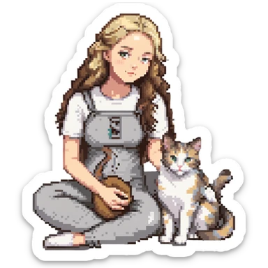 Remix: Beautiful girl with long curly brown hair, inspired by the reference, petting a gray and blonde mixed cat, pixel art style, girl sitting cross-legged, cat curled beside her sticker