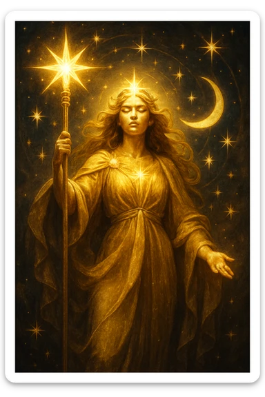 goddess, powerful, holding a staff, celestial motifs, radiant light sticker