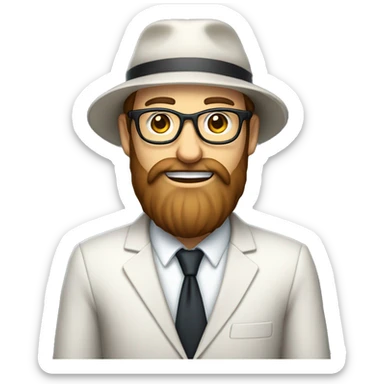 beautiful man, suit, long brown beard, white skin, smile, beret hat, glasses, full-body (slim) sticker