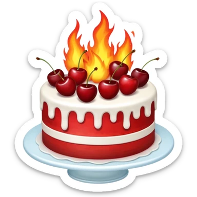 CAKE on fire, and fire behind it as well. cherries on the cake sticker