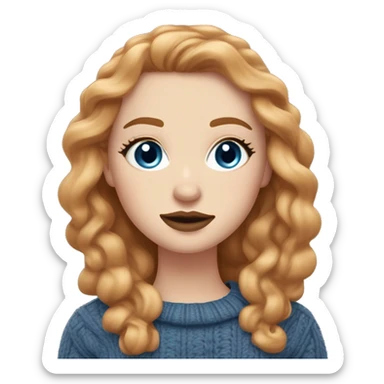 White girl with long, wavy hair a mix between ginger and dirty blonde. Blue eyes long eyelashes rose cheeks and light brown lipstick and bold eyeliner. Wearing cable knit sweater. sticker