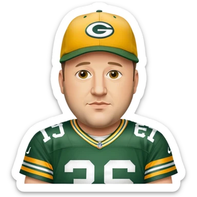 Kevin James as a Green Bay packers fan with a hat on wearing a Jordan love jersey sticker