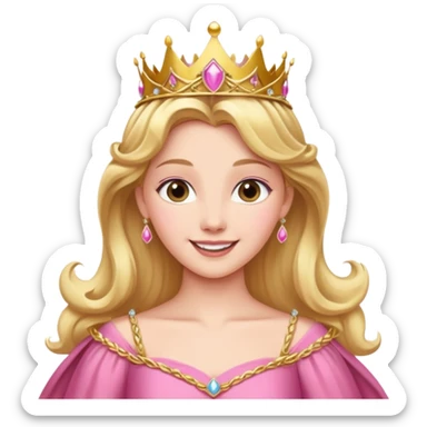 Princess Aurora with a gold tiara and pink dress, smiling sticker