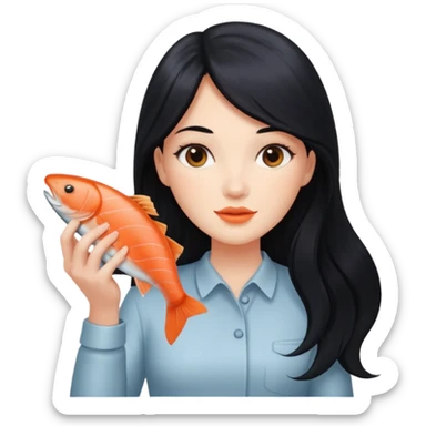 White lady with long black hair and a round face holding a salmon  sticker