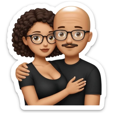 A picture of an embracing tanned couple. the man is a Mexican man with tanned skin, NO GLASSES, with a bald hair cut, short beard and wearing a black shirt. the woman is short with long curly dark brown hair and with big boobs. Put glasses on the woman.  sticker