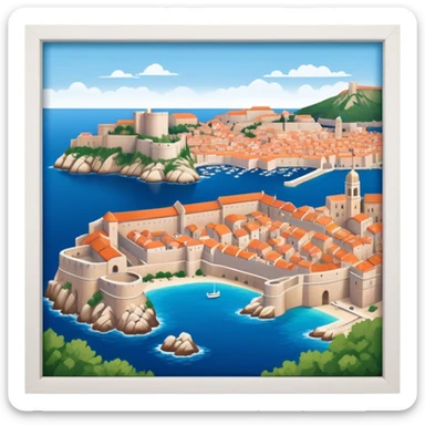 Cinematic Realistic Dubrovnik Landmark Emoji, showcasing the historic walled city with its terracotta rooftops, stone fortifications, and the deep blue Adriatic Sea stretching beyond. sticker