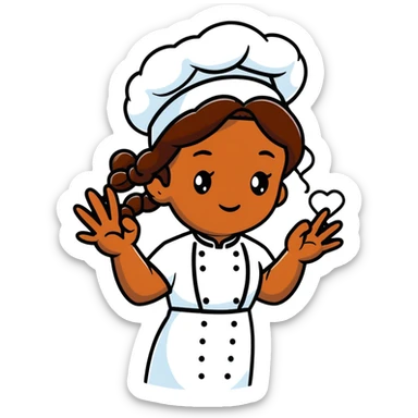 Brown-skinned female chef with long braided brown hair, wearing a chef's hat, with both an angel halo and devil horns, making a heart shape with her hands sticker