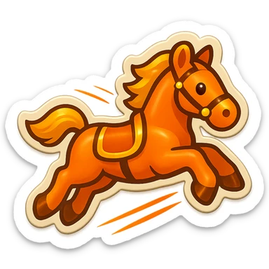 Create a cute emoji style illustration of a Hermès-style horse jumping with a modern design featuring orange and gold details. Include motion lines to show movement. Use a white or transparent background. sticker