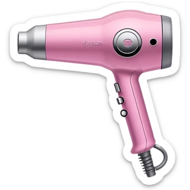 A pink Dyson Supersonic hair dryer, slight angle, realistic style, Features the distinctive hollow circular head with the barrel running through the center, sleek modern design, glossy pink finish with metallic silver accents on the nozzle ring.  sticker