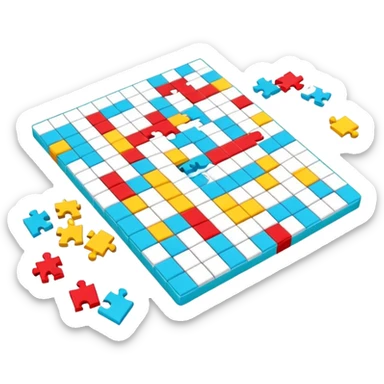 A photorealistic icon with a crossword magazine, a 3D puzzle and a partially completed puzzle on a table. Bright, detailed design with realistic lighting. Transparent background, clearly symbolizing puzzles and brain games. sticker