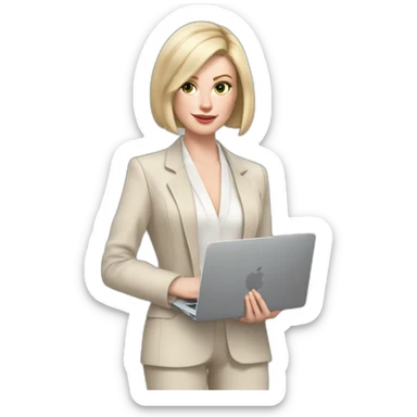 pale skin woman with ash blonde Straightened bob Hair, White Spacious classical jacket, beige palazzo Arrow pants and gray blouse holding a MacBook in the hands sticker