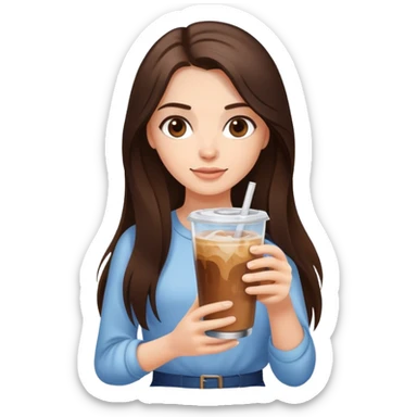 Brunette girl with long hair holding a glass with iced coffee in it  sticker