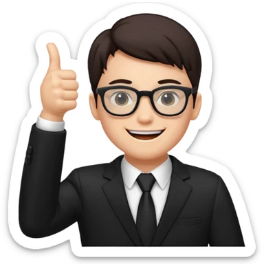 un estudiante con terno negro que este parado con sus lentes guiñando el ojo y CON LAS MANOS HACIA ARRIBA DANDO LIKE sticker