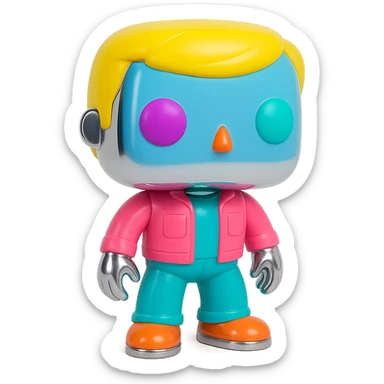 Keep the Funko Pop figures' skin and base chrome and shiny, preserving the reflective chrome effect on the skin and base. Add bold, saturated, vivid, and playful colors to their eyes, hair, and clothing details, making these features bright and colorful while maintaining the chrome effect on the rest of the figure. sticker