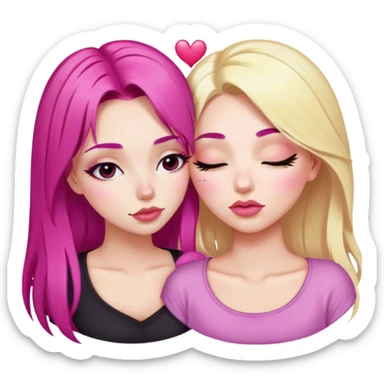 gorgeous pale girl with magenta pink hair latina makeup next to a gorgeous blonde girl with a light pink heart above them in between eyes closed making duck lips faces sticker