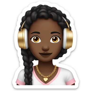 African girl. Black long twists. Wearing white headphones. Listening to music. Wearing a light pink v neck top. Gold Jewelry. Makeup. Blush. sticker