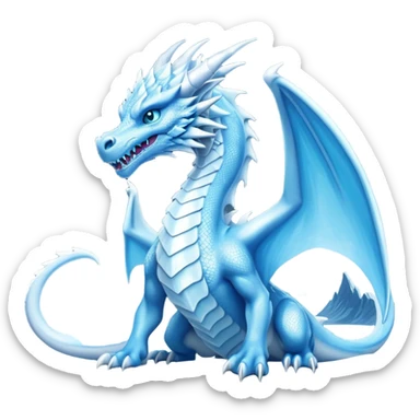 Cinematic Noble wise elegant Ice Dragon full body  Emoji, Poised and imposing, distinct long elegant snout, with a slender, scaled body shimmering in glacial hues of icy blue, frostbitten silver, and crystalline white, breathing out frost, with piercing, glowing ice blue white eyes that radiate the chilling depths of an arctic storm; rendered in detail. excuding wisdom sticker