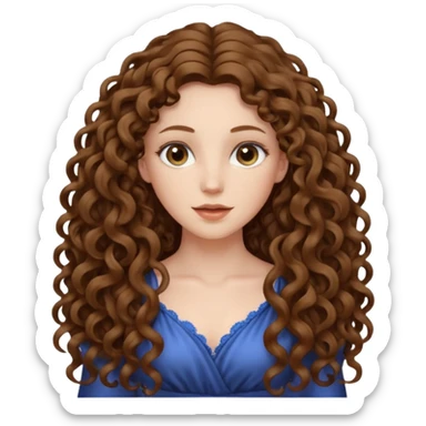 pale woman with brown curly very long hair, middle part. the hair is very very very very very very long, waist length, but you can't see her waist sticker