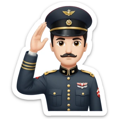 A man with a small mustache, parted dark hair, and a stern expression. He is wearing a military-style uniform with a high collar, a belt, and a swastika armband on his left arm. He raises his right arm in a rigid, extended salute. The background is a historical setting from the 1930s or 1940s. sticker