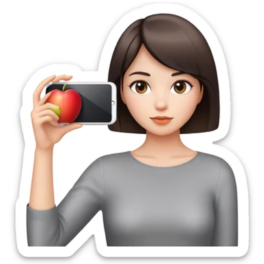beautiful young lady with short straight hair taking a photo, upper body view, Apple emoji style sticker