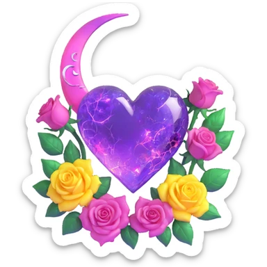 gothic heart made of soft violet glass, silver crescent moon, glowing blush roses, holographic stardust, neon magenta lightning, drenched and splintered glass sticker
