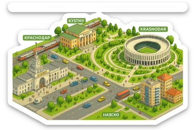 Изометричная миниатюрная фотореалистичная 3D модель панорамы Краснодара - вокзал Краснодар, КубГМУ, парк Краснодар со стадионом, краснодарские дома, автотранспорт четкие линии, яркие цвета, мультяшный реализм, люди, автотранспорт, компактная композиция, вид сверху в изометрии, прозрачный фон sticker