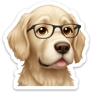 Smiling girl with long dark wavy brown hair and red glasses next to a shaggy beige Labrador puppy sticker