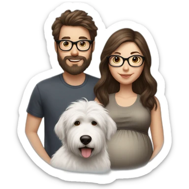 Hyperrealist pregnant girl with half long brown hair with glasses, a boy with long beard, glasses and short hair and english sheepdog sticker