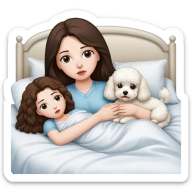 Brunette Long hair sick in bed with bichon frise dog sticker