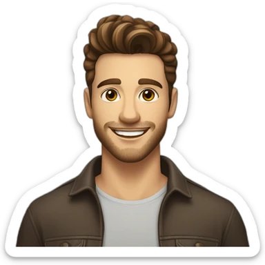 young man with short beard smiling medium long curvy rockabilly style brown hair with light skin and dark brown eyes sticker
