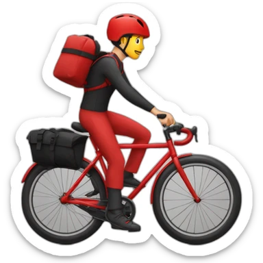 Garçon en tenue rouge sur un vélo noir vélo avec un sac tout rouge cubique, carré sticker