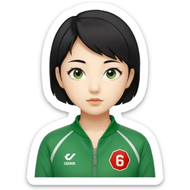 Create Kang Sae-byeok (Player 067), Korean female, short layered black hair, sharp eyes, green tracksuit with number 067 patch on chest. sticker