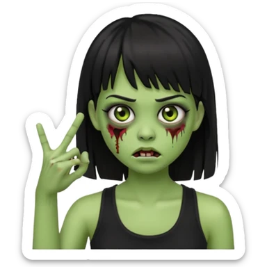 Crie um emoji de zumbi garota do iphone, que tenha o cabelo preto longo, pele levemente esverdeada, de cumprimento no peito, que tenha uma franja no tamanho da sobrancelha, com os olhos escuros e que use uma regata preta sticker