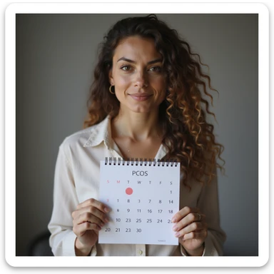 Donna con PCOS che tiene in mano un calendario con un segno rosso sul giorno del ciclo, espressione felice e sollevata, ambiente realistico, dettagli iperrealistici 4K, verticale 9:16. sticker