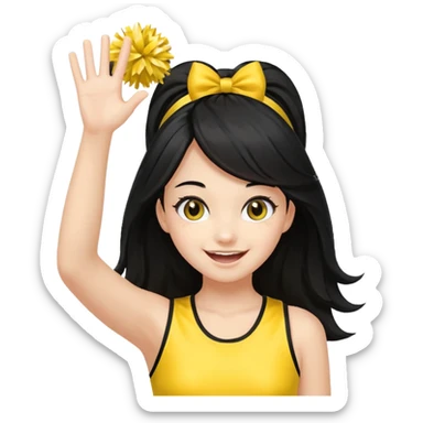 A long black hair teen girl waving pom-poms, eyes sparkling with excitement, yellow cheer leader top sticker