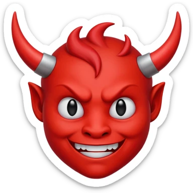 CARTOON STYLE EMOJI of a RED DEVIL FACE with small HORNS pointing up, BLACK EYES, and a MISCHIEVOUS SMILE. The entire face is RED with a smooth glossy texture. BACKGROUND is PURE WHITE, clean and simple. sticker