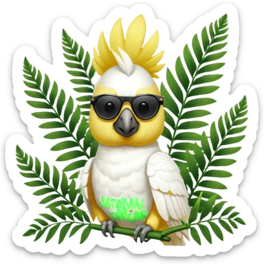 sulfer crested cockatoo wearing sunglasses sitting in a green fern tree with an australian street sign saying 'cockatoo' sticker